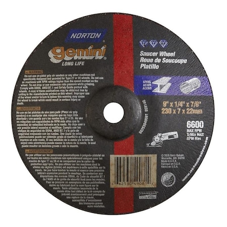 Norton Co Grinding Wheel, Depressed Cntr, Type 28 Saucer - Metal- Gemini Alu Ox, 9 x 1/4 x 7/8, Max RPM: 6600 662530-49081